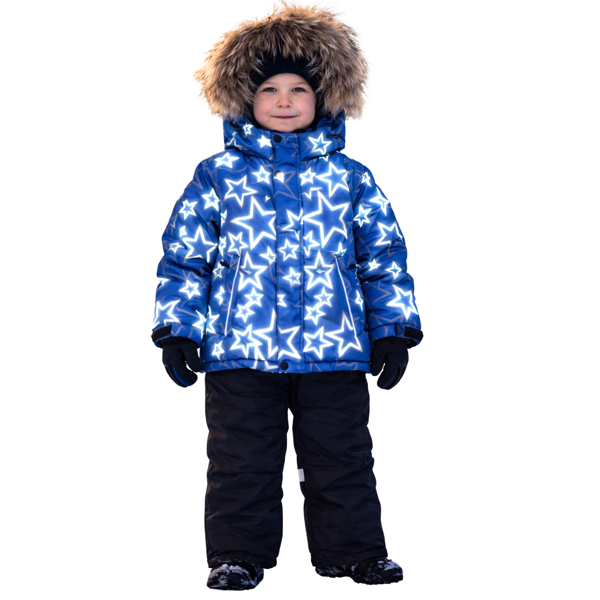 870 Boys Winter Snowsuit Set in Membrane Fabric (Jacket & Bib Pants) with Reflective Star Print & Real Fur Hood | Fleece Lining | Sizes 2-6 Y | Up to -25°C (-13°F)