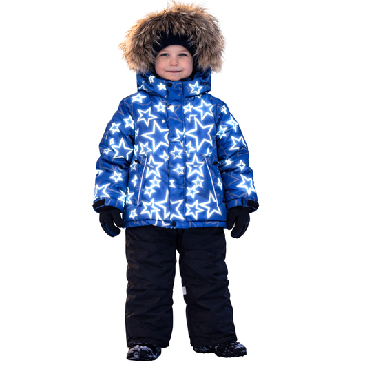 870 Boys Winter Snowsuit Set in Membrane Fabric (Jacket & Bib Pants) with Reflective Star Print & Real Fur Hood | Fleece Lining | Sizes 2-6 Y | Up to -25°C (-13°F)