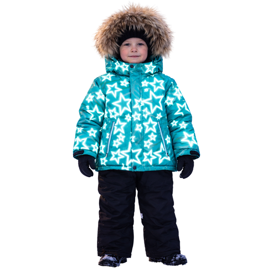 870 Boys Winter Snowsuit Set in Membrane Fabric (Jacket & Bib Pants) with Reflective Star Print & Real Fur Hood | Fleece Lining | Sizes 2-6 Y | Up to -25°C (-13°F)