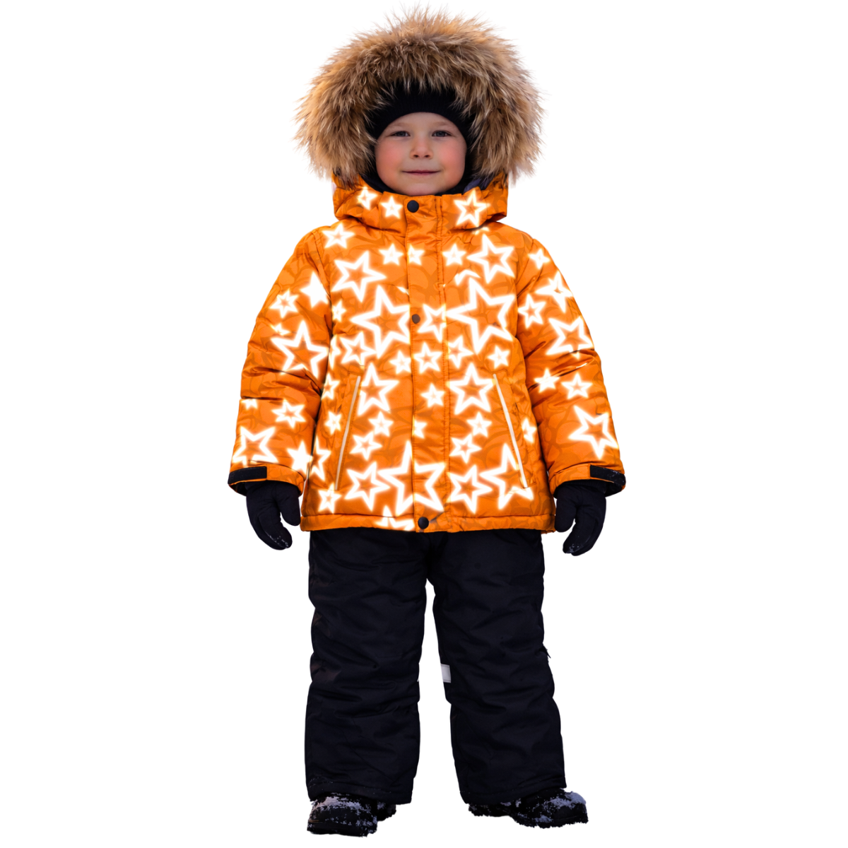 870 Boys Winter Snowsuit Set in Membrane Fabric (Jacket & Bib Pants) with Reflective Star Print & Real Fur Hood | Fleece Lining | Sizes 2-6 Y | Up to -25°C (-13°F)