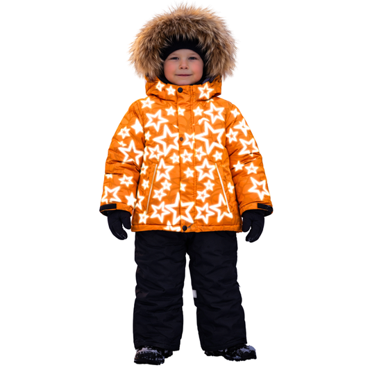 870 Boys Winter Snowsuit Set in Membrane Fabric (Jacket & Bib Pants) with Reflective Star Print & Real Fur Hood | Fleece Lining | Sizes 2-6 Y | Up to -25°C (-13°F)