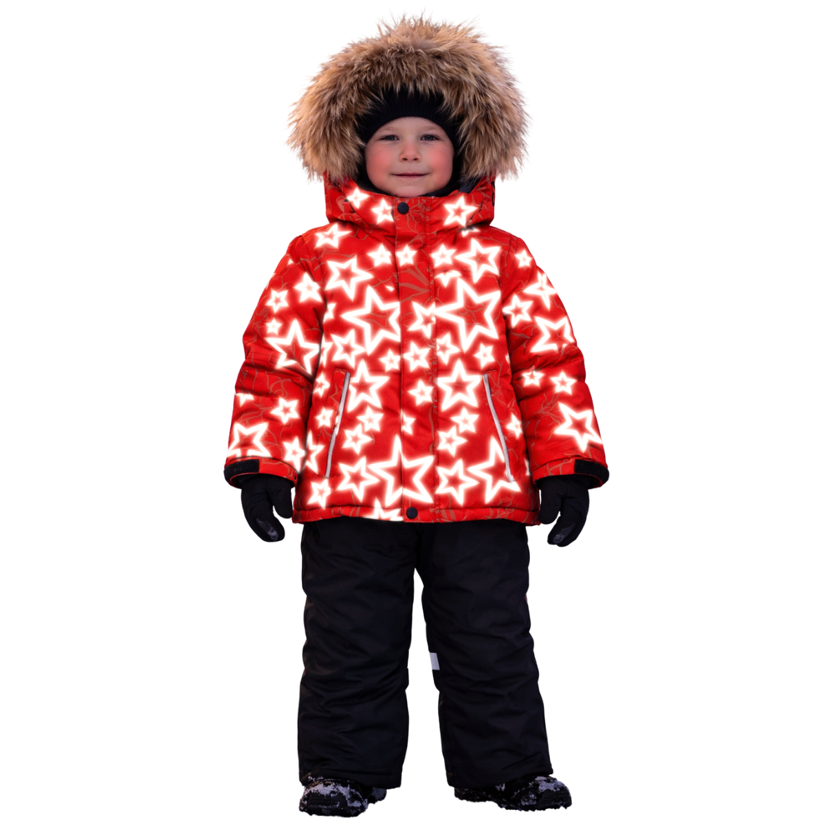 870 Boys Winter Snowsuit Set in Membrane Fabric (Jacket & Bib Pants) with Reflective Star Print & Real Fur Hood | Fleece Lining | Sizes 2-6 Y | Up to -25°C (-13°F)