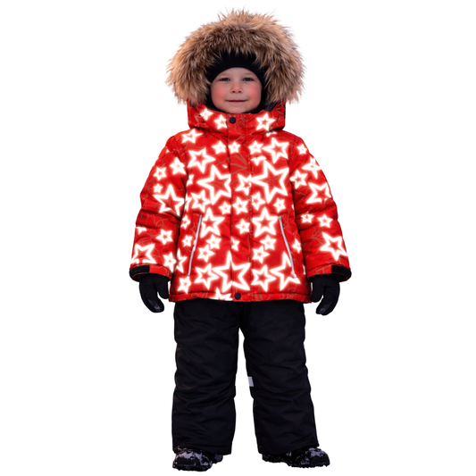 870 Boys Winter Snowsuit Set in Membrane Fabric (Jacket & Bib Pants) with Reflective Star Print & Real Fur Hood | Fleece Lining | Sizes 2-6 Y | Up to -25°C (-13°F)