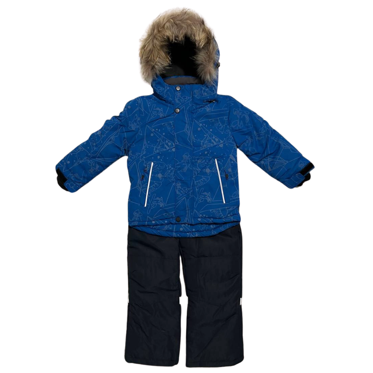 871 Boys Winter Snowsuit Set in Membrane Fabric (Jacket & Bib Pants) with Reflective Snowboard & Mountain Print & Real Fur Hood | Fleece Lining | Sizes 2-6 Y | Up to -25°C (-13°F)