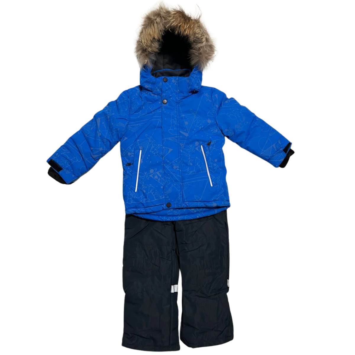 871 Boys Winter Snowsuit Set in Membrane Fabric (Jacket & Bib Pants) with Reflective Snowboard & Mountain Print & Real Fur Hood | Fleece Lining | Sizes 2-6 Y | Up to -25°C (-13°F)