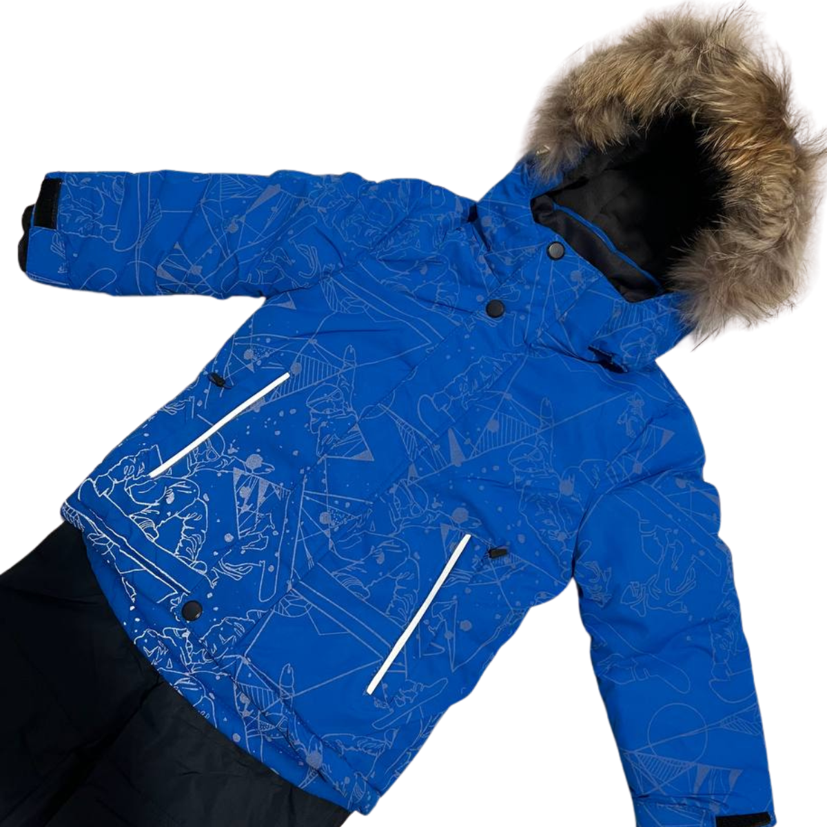 871 Boys Winter Snowsuit Set in Membrane Fabric (Jacket & Bib Pants) with Reflective Snowboard & Mountain Print & Real Fur Hood | Fleece Lining | Sizes 2-6 Y | Up to -25°C (-13°F)