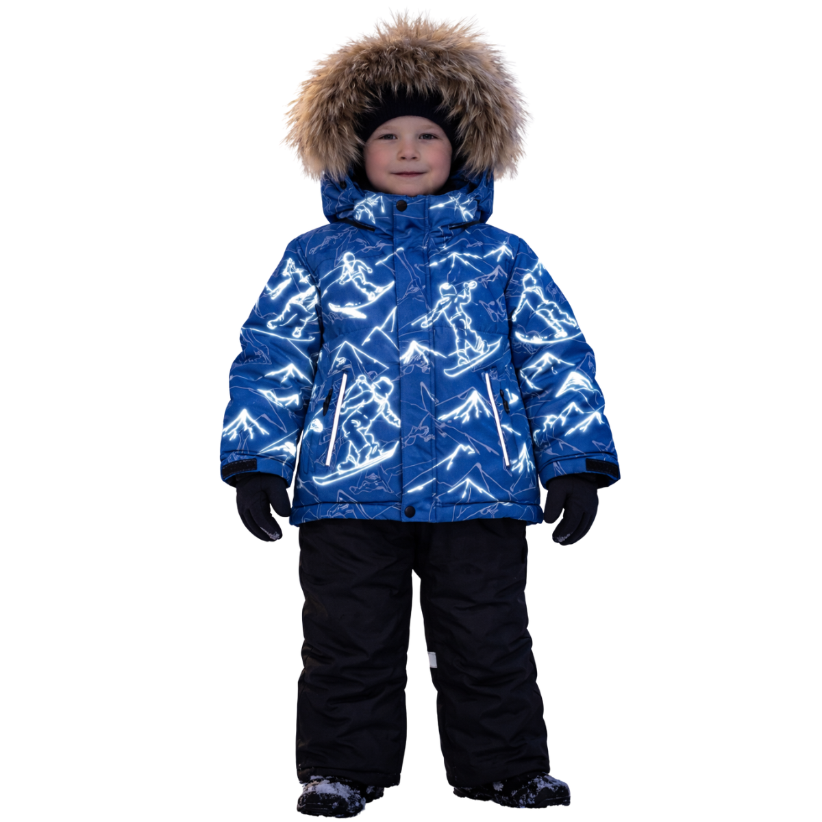 871 Boys Winter Snowsuit Set in Membrane Fabric (Jacket & Bib Pants) with Reflective Snowboard & Mountain Print & Real Fur Hood | Fleece Lining | Sizes 2-6 Y | Up to -25°C (-13°F)