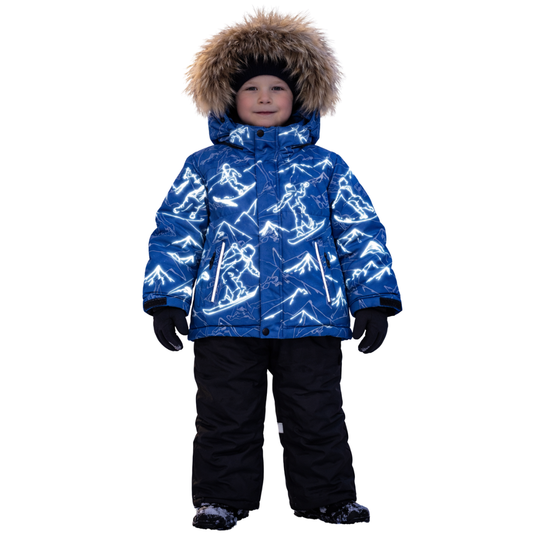 871 Boys Winter Snowsuit Set in Membrane Fabric (Jacket & Bib Pants) with Reflective Snowboard & Mountain Print & Real Fur Hood | Fleece Lining | Sizes 2-6 Y | Up to -25°C (-13°F)