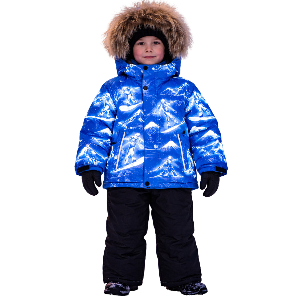 871 Boys Winter Snowsuit Set in Membrane Fabric (Jacket & Bib Pants) with Reflective Snowboard & Mountain Print & Real Fur Hood | Fleece Lining | Sizes 2-6 Y | Up to -25°C (-13°F)