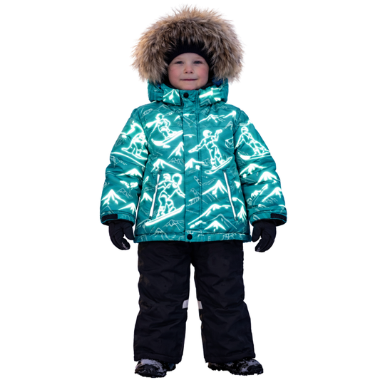 871 Boys Winter Snowsuit Set in Membrane Fabric (Jacket & Bib Pants) with Reflective Snowboard & Mountain Print & Real Fur Hood | Fleece Lining | Sizes 2-6 Y | Up to -25°C (-13°F)