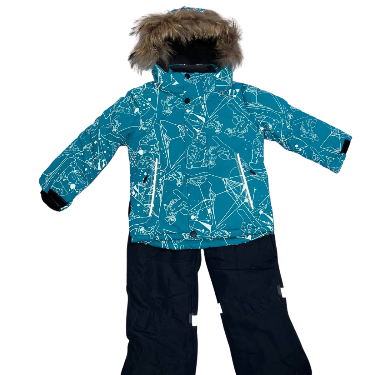 871 Boys Winter Snowsuit Set in Membrane Fabric (Jacket & Bib Pants) with Reflective Snowboard & Mountain Print & Real Fur Hood | Fleece Lining | Sizes 2-6 Y | Up to -25°C (-13°F)