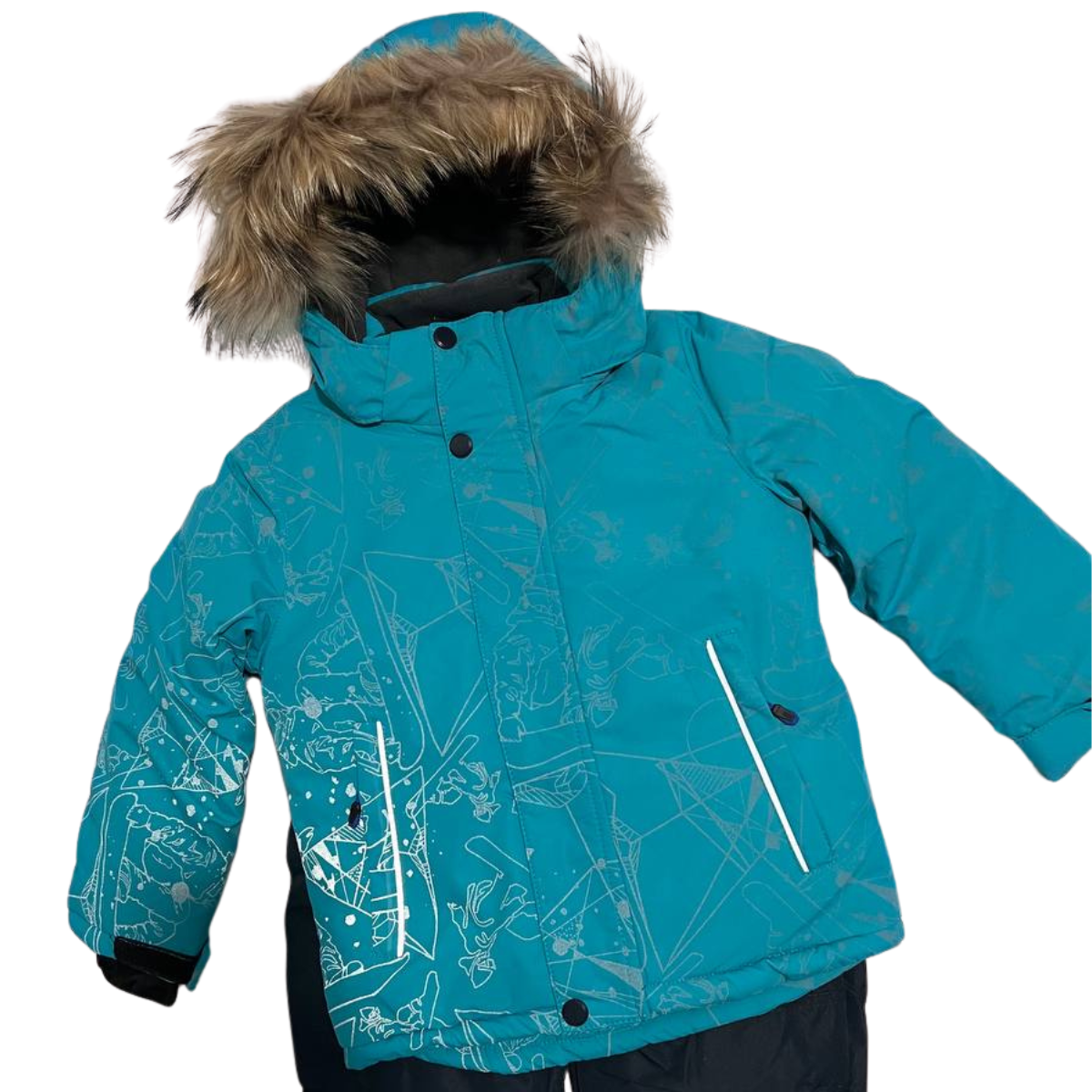 871 Boys Winter Snowsuit Set in Membrane Fabric (Jacket & Bib Pants) with Reflective Snowboard & Mountain Print & Real Fur Hood | Fleece Lining | Sizes 2-6 Y | Up to -25°C (-13°F)