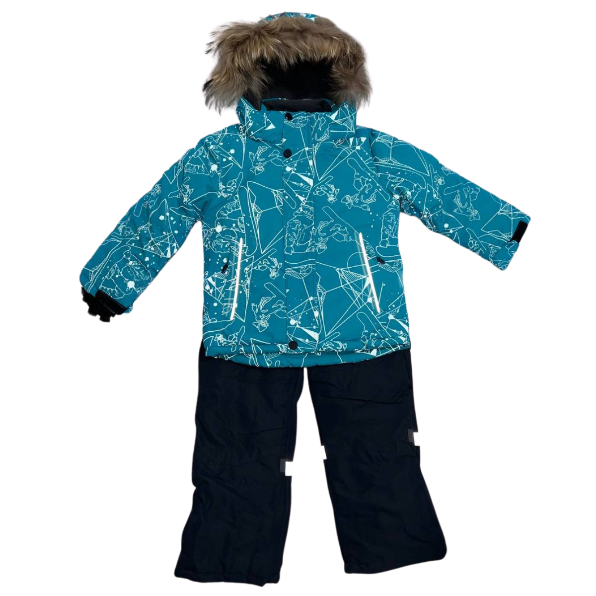 871 Boys Winter Snowsuit Set in Membrane Fabric (Jacket & Bib Pants) with Reflective Snowboard & Mountain Print & Real Fur Hood | Fleece Lining | Sizes 2-6 Y | Up to -25°C (-13°F)