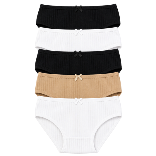 3780 BIYO Kids Girls’ Cotton Underwear – Soft & Stretchy Panties | Ribbed Fabric | Cotton | 5-Pack (Black, White & Beige) | Ages 3–12 | Made in Turkey | Perfect for Dance & Gymnastics