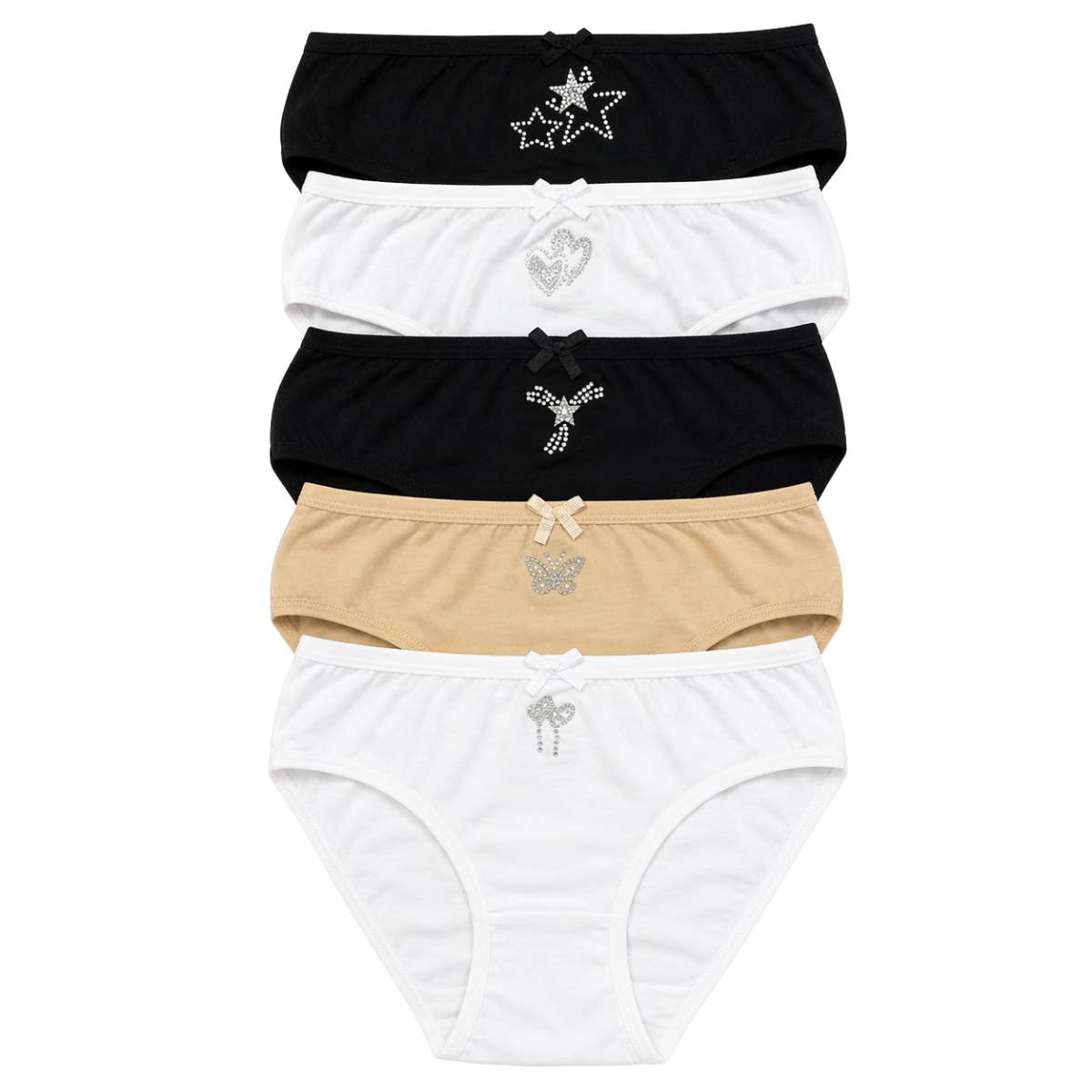 1081 BIYO Kids Girls’ Cotton Underwear – Soft & Stretchy Panties with Rhinestone Designs | Cotton | 5-Pack (Black, White & Beige) | Ages 3–12 | Made in Turkey | Perfect for Dance & Gymnastics