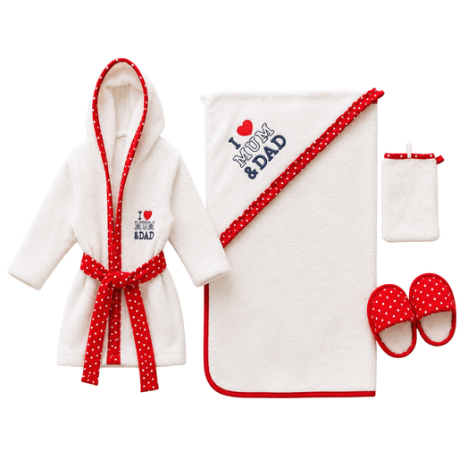 7684 Terry Baby Girl Bath Set 4-Piece “I ♥ Mum & Dad” – Hooded Robe (from 9–24 M), Hooded Towel, Slippers & Wash Mitt | 100% Cotton | Ages 0–2 Years | Made in Turkey | Perfect Gift