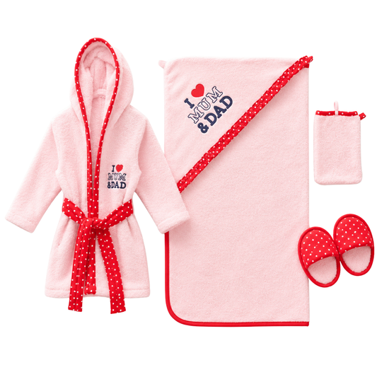 7684 Terry Baby Girl Bath Set 4-Piece “I ♥ Mum & Dad” – Hooded Robe (from 9–24 M), Hooded Towel, Slippers & Wash Mitt | 100% Cotton | Ages 0–2 Years | Made in Turkey | Perfect Gift