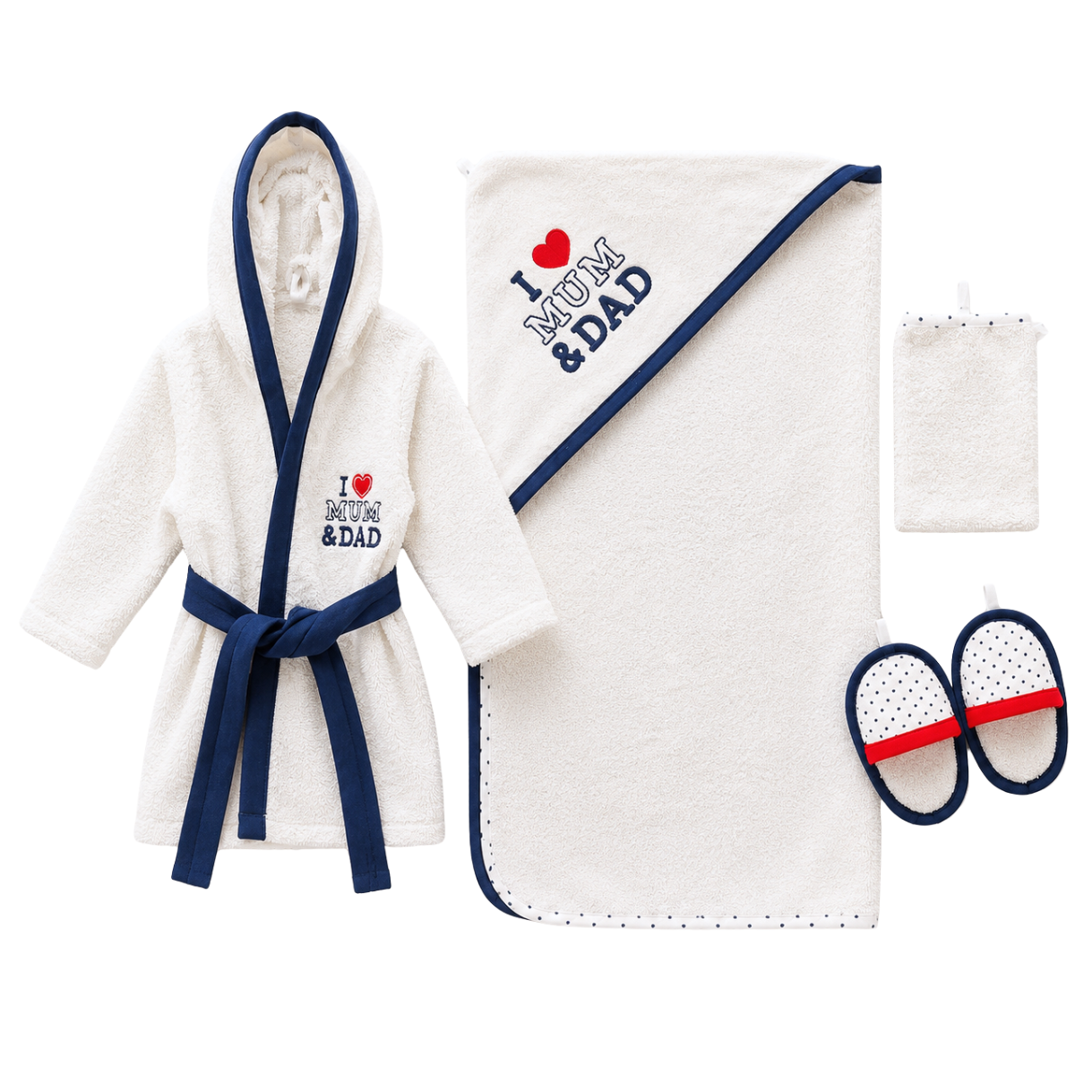 7772 Terry Baby Boy Bath Set 4-Piece “I ♥ Mum & Dad” – Hooded Robe (from 9–24 M), Hooded Towel, Slippers & Wash Mitt | 100% Cotton | Ages 0–2 Years | Made in Turkey | Perfect Gift
