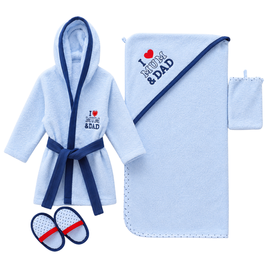 7772 Terry Baby Boy Bath Set 4-Piece “I ♥ Mum & Dad” – Hooded Robe (from 9–24 M), Hooded Towel, Slippers & Wash Mitt | 100% Cotton | Ages 0–2 Years | Made in Turkey | Perfect Gift