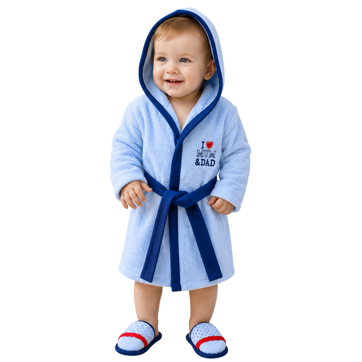 7772 Terry Baby Boy Bath Set 4-Piece “I ♥ Mum & Dad” – Hooded Robe (from 9–24 M), Hooded Towel, Slippers & Wash Mitt | 100% Cotton | Ages 0–2 Years | Made in Turkey | Perfect Gift
