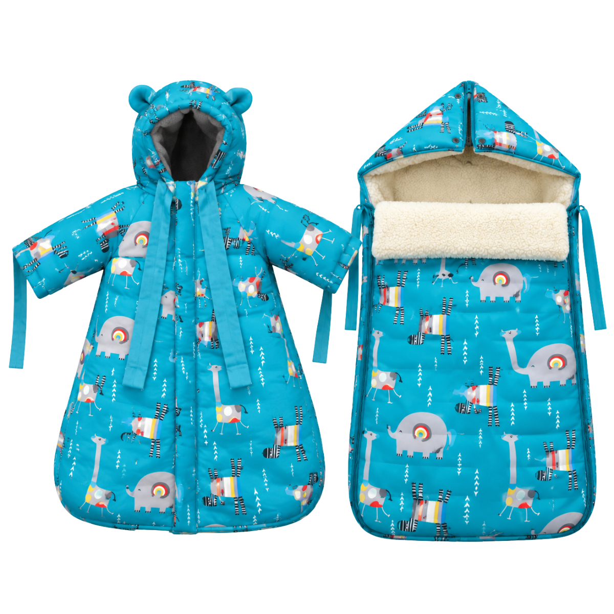 803 Warm Winter 2-Piece Set for Baby Boys | Safari Design Stroller Set: Sleeping Bag + Jumpsuit | Elephants, Zebras & Giraffes Print | Faux Fur & Fleece Lining | From +5°C to −30°C (41°F to −22°F)