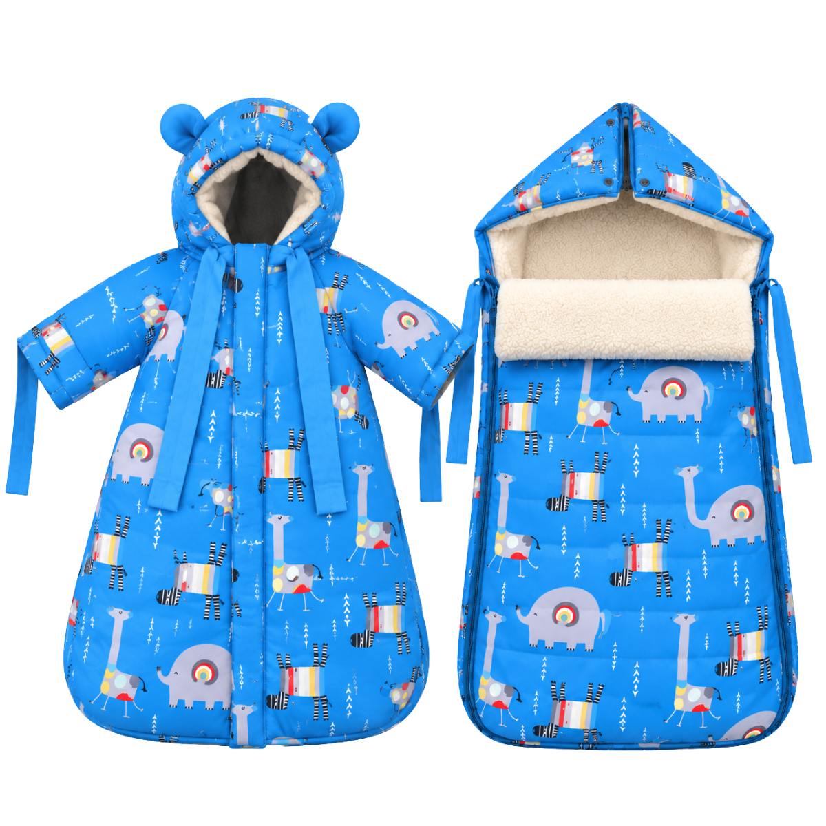 803 Warm Winter 2-Piece Set for Baby Boys | Safari Design Stroller Set: Sleeping Bag + Jumpsuit | Elephants, Zebras & Giraffes Print | Faux Fur & Fleece Lining | From +5°C to −30°C (41°F to −22°F)