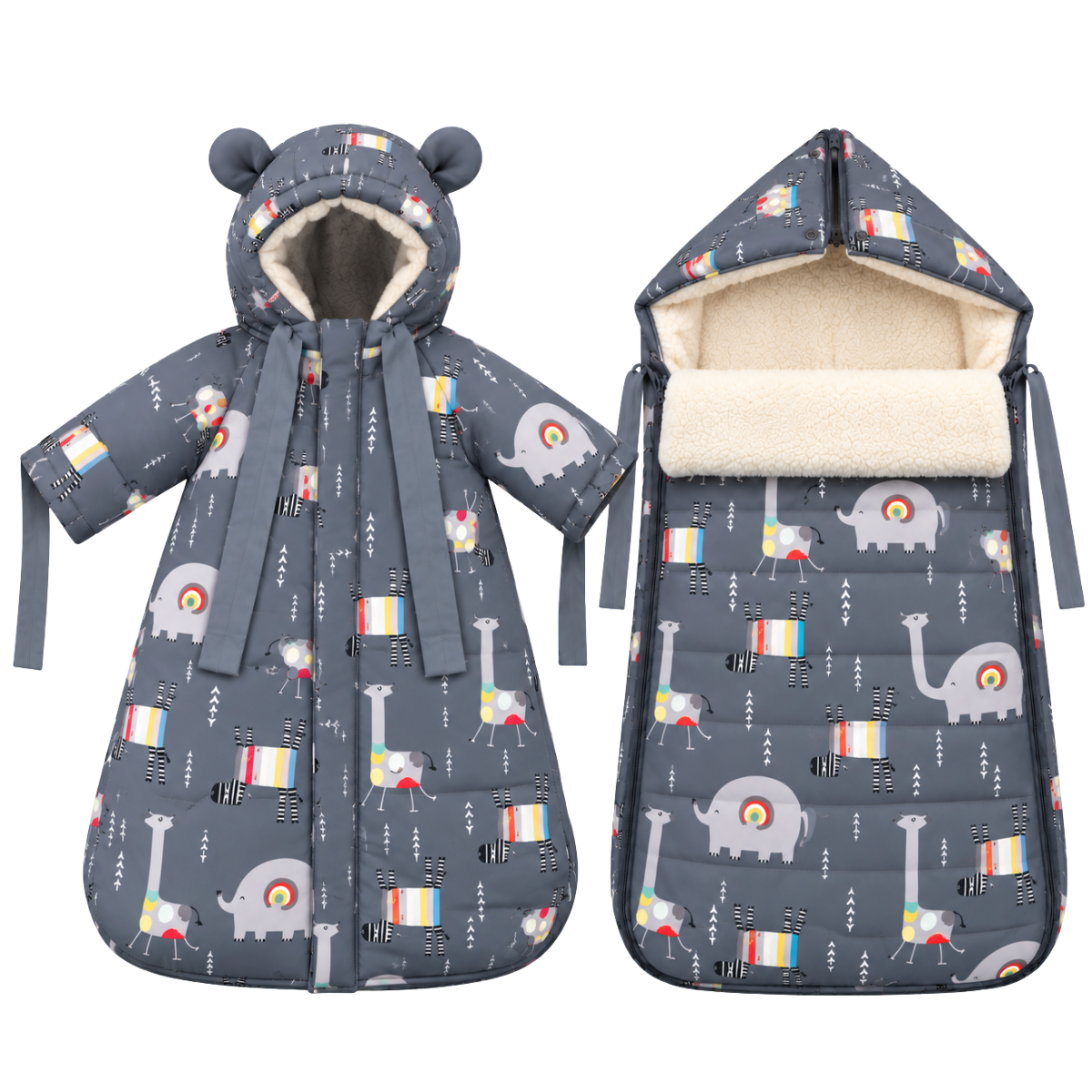803 Warm Winter 2-Piece Set for Baby Boys | Safari Design Stroller Set: Sleeping Bag + Jumpsuit | Elephants, Zebras & Giraffes Print | Faux Fur & Fleece Lining | From +5°C to −30°C (41°F to −22°F)
