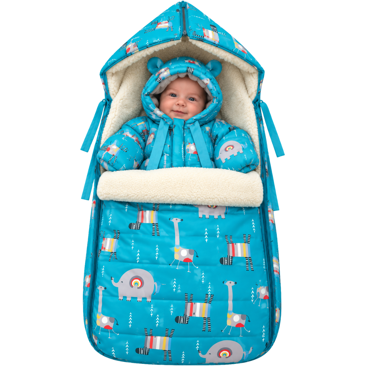 803 Warm Winter 2-Piece Set for Baby Boys | Safari Design Stroller Set: Sleeping Bag + Jumpsuit | Elephants, Zebras & Giraffes Print | Faux Fur & Fleece Lining | From +5°C to −30°C (41°F to −22°F)