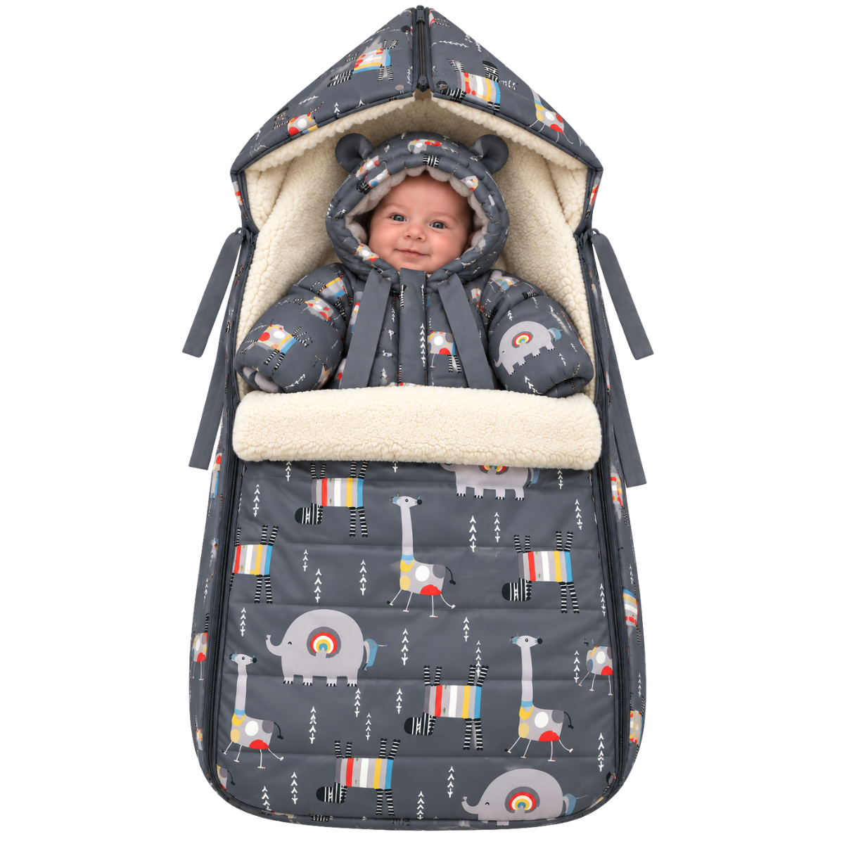 803 Warm Winter 2-Piece Set for Baby Boys | Safari Design Stroller Set: Sleeping Bag + Jumpsuit | Elephants, Zebras & Giraffes Print | Faux Fur & Fleece Lining | From +5°C to −30°C (41°F to −22°F)
