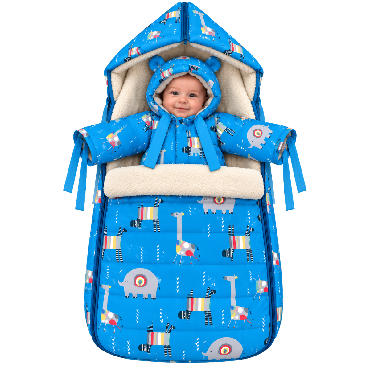 803 Warm Winter 2-Piece Set for Baby Boys | Safari Design Stroller Set: Sleeping Bag + Jumpsuit | Elephants, Zebras & Giraffes Print | Faux Fur & Fleece Lining | From +5°C to −30°C (41°F to −22°F)