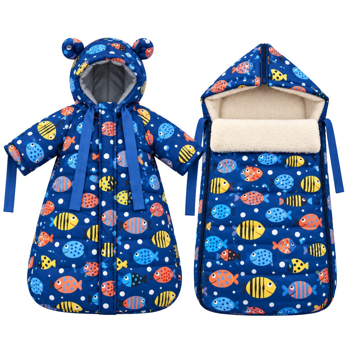 805 Unisex Warm Winter 2-Piece Set for Babies | Fish Print Design | Stroller Set: Sleeping Bag + Jumpsuit | From +5°C to −30°C (41°F to −22°F)