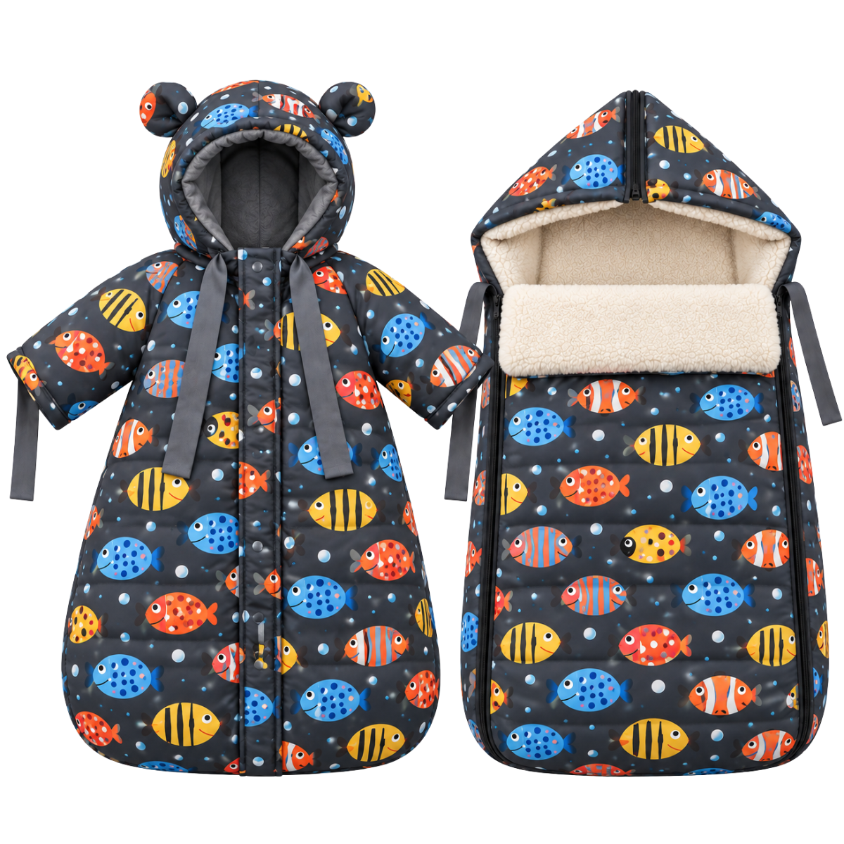 805 Unisex Warm Winter 2-Piece Set for Babies | Fish Print Design | Stroller Set: Sleeping Bag + Jumpsuit | From +5°C to −30°C (41°F to −22°F)