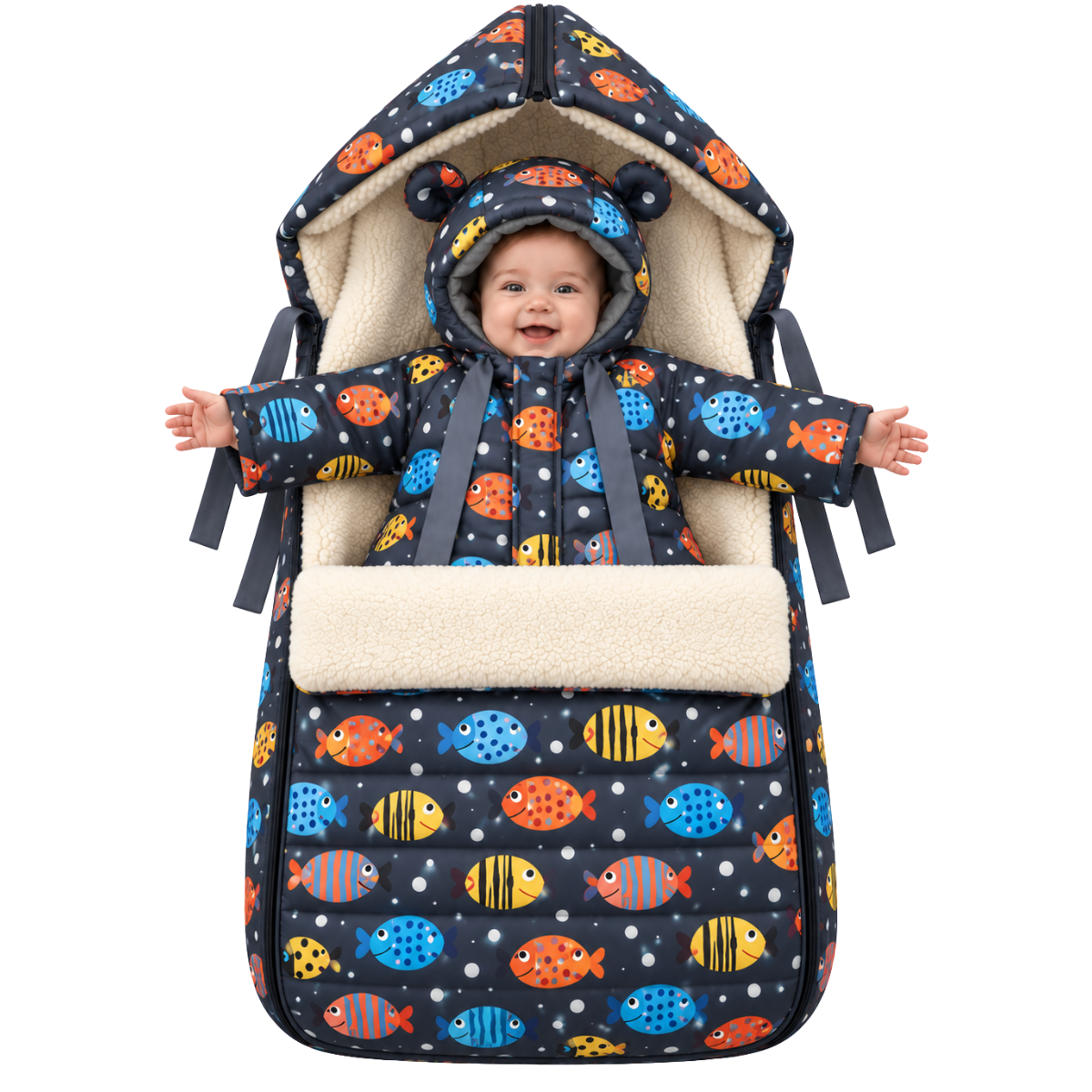 805 Unisex Warm Winter 2-Piece Set for Babies | Fish Print Design | Stroller Set: Sleeping Bag + Jumpsuit | From +5°C to −30°C (41°F to −22°F)