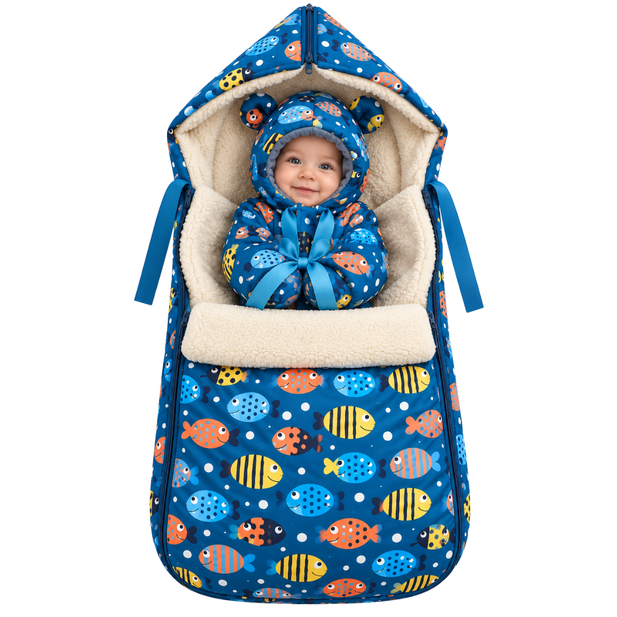 805 Unisex Warm Winter 2-Piece Set for Babies | Fish Print Design | Stroller Set: Sleeping Bag + Jumpsuit | From +5°C to −30°C (41°F to −22°F)