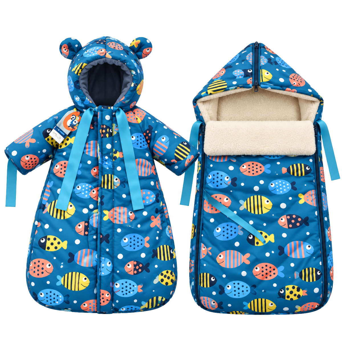 805 Unisex Warm Winter 2-Piece Set for Babies | Fish Print Design | Stroller Set: Sleeping Bag + Jumpsuit | From +5°C to −30°C (41°F to −22°F)