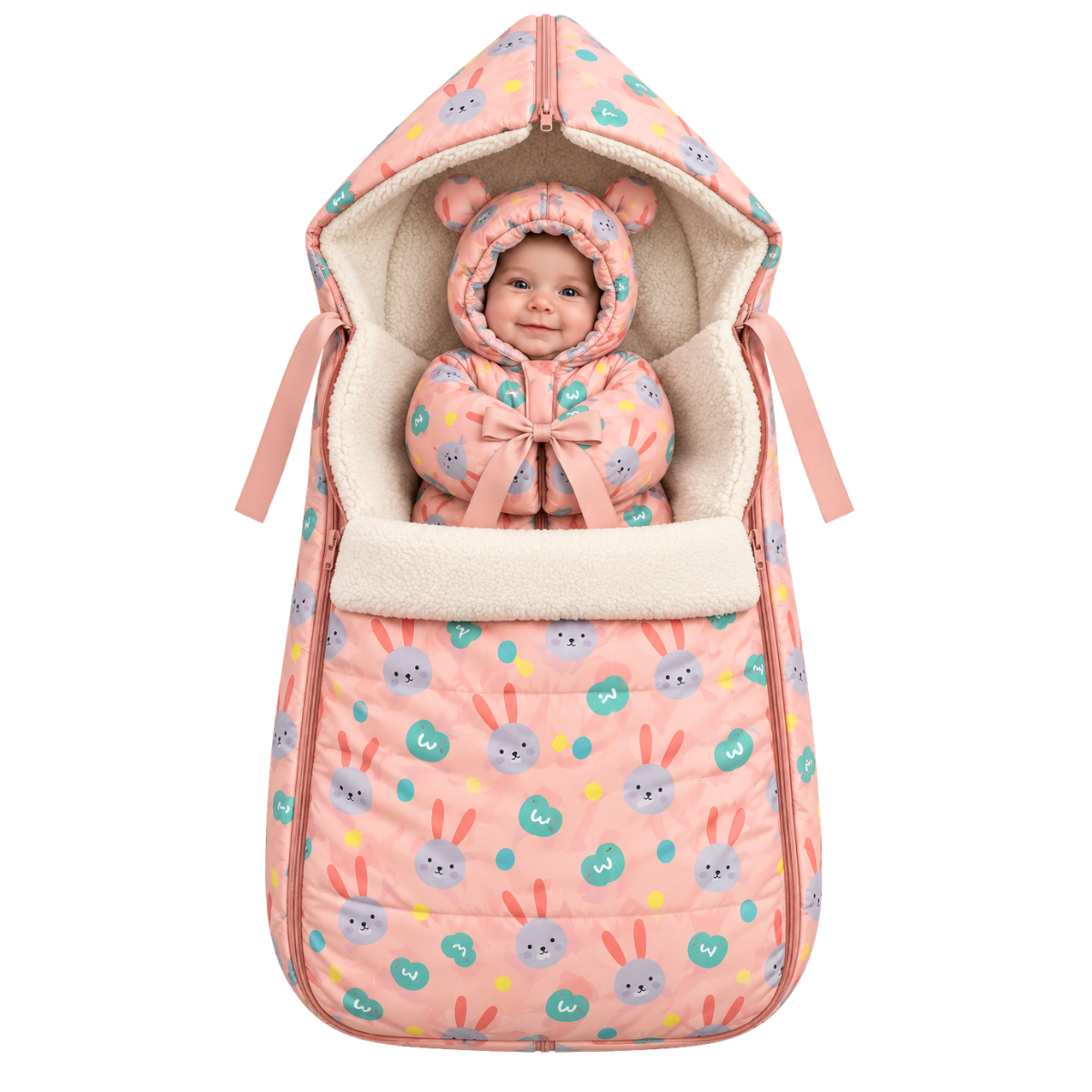 801 Warm Winter 2-Piece Set for Baby Girls | Stroller Set: Sleeping Bag + Jumpsuit | Cute Bunny Faces Print | Faux Fur & Fleece Lining | From +5°C to −30°C (41°F to −22°F)