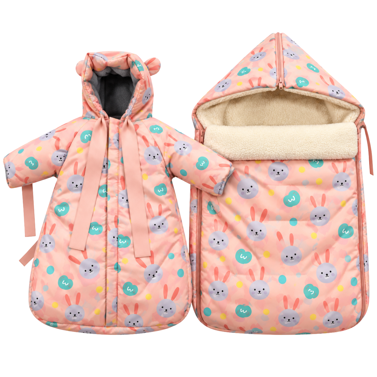 801 Warm Winter 2-Piece Set for Baby Girls | Stroller Set: Sleeping Bag + Jumpsuit | Cute Bunny Faces Print | Faux Fur & Fleece Lining | From +5°C to −30°C (41°F to −22°F)