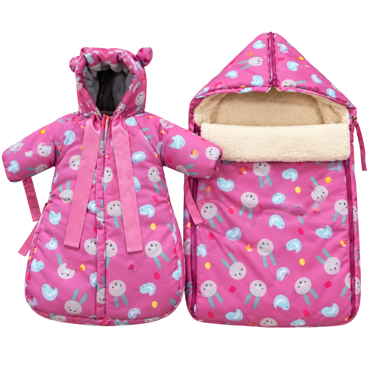 801 Warm Winter 2-Piece Set for Baby Girls | Stroller Set: Sleeping Bag + Jumpsuit | Cute Bunny Faces Print | Faux Fur & Fleece Lining | From +5°C to −30°C (41°F to −22°F)