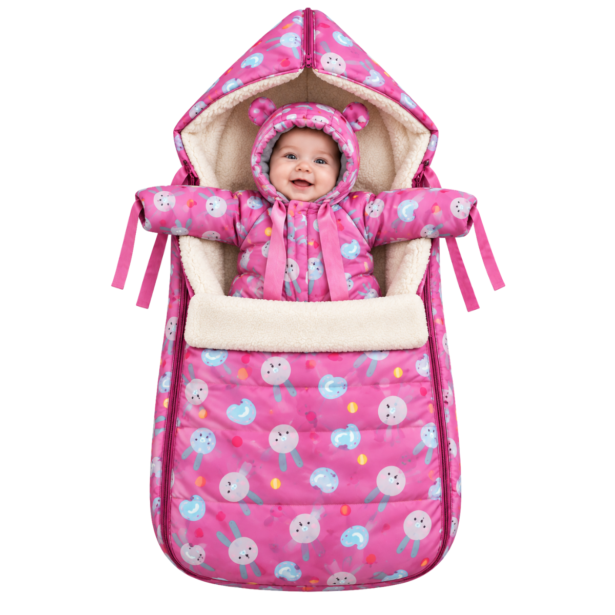 801 Warm Winter 2-Piece Set for Baby Girls | Stroller Set: Sleeping Bag + Jumpsuit | Cute Bunny Faces Print | Faux Fur & Fleece Lining | From +5°C to −30°C (41°F to −22°F)