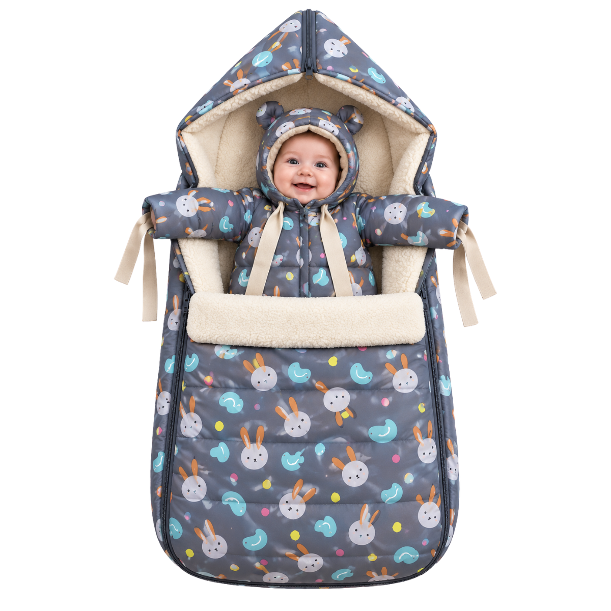 801 Warm Winter 2-Piece Set for Baby Girls | Stroller Set: Sleeping Bag + Jumpsuit | Cute Bunny Faces Print | Faux Fur & Fleece Lining | From +5°C to −30°C (41°F to −22°F)