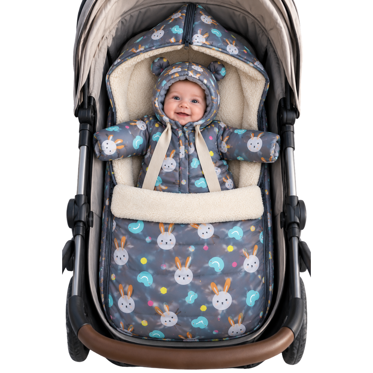 801 Warm Winter 2-Piece Set for Baby Girls | Stroller Set: Sleeping Bag + Jumpsuit | Cute Bunny Faces Print | Faux Fur & Fleece Lining | From +5°C to −30°C (41°F to −22°F)
