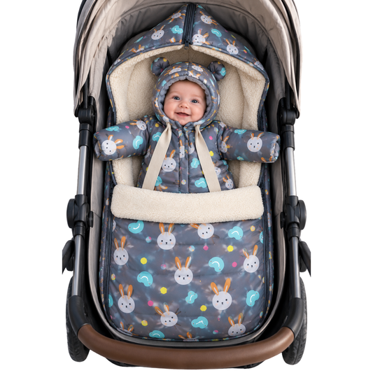 801 Baby Girl Winter Snowsuit & Stroller Bunting Bag Set | Cute Bunny Faces Print | Fleece & Faux Fur Lining | +5°C to −30°C (41°F to −22°F)