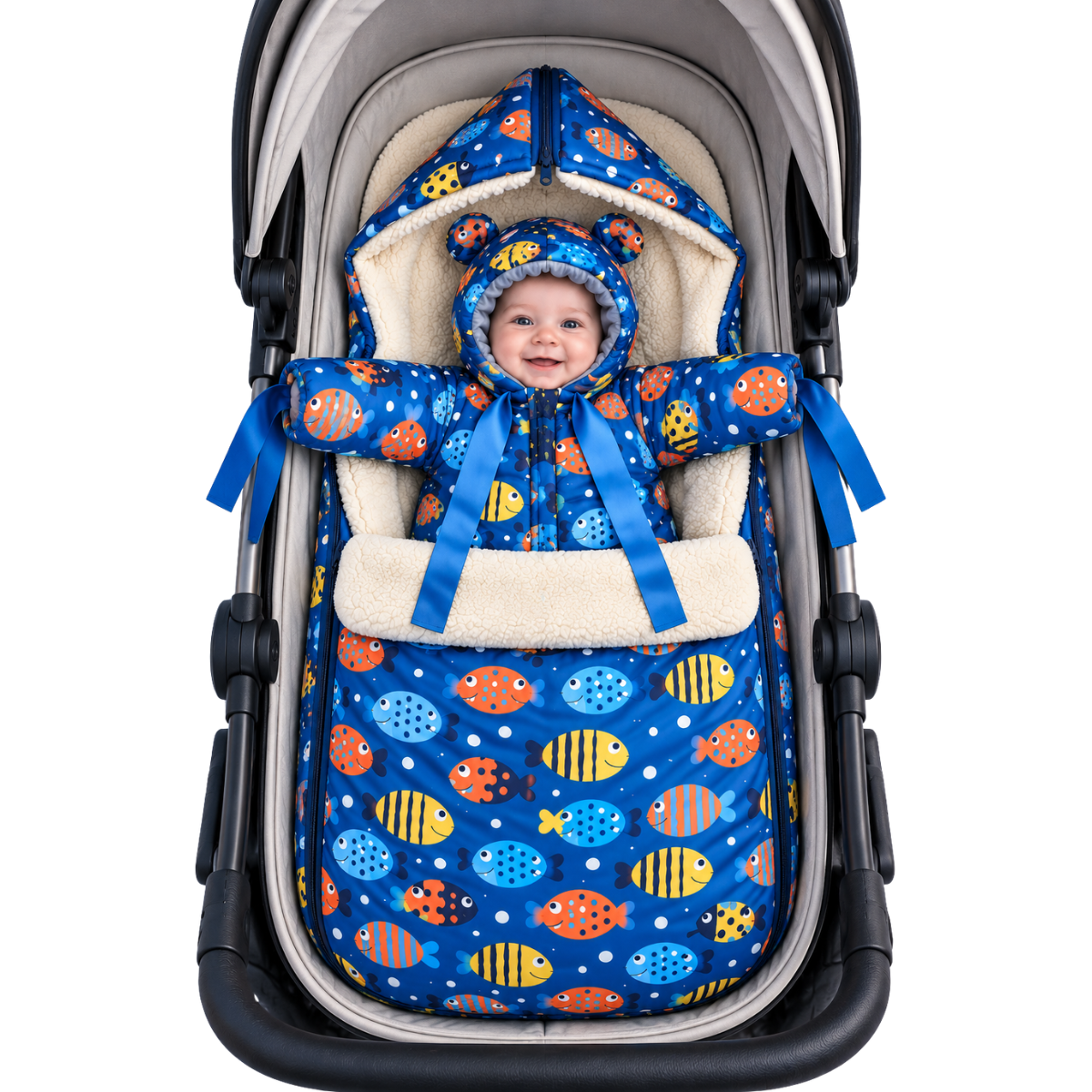 805 Unisex Warm Winter 2-Piece Set for Babies | Fish Print Design | Stroller Set: Sleeping Bag + Jumpsuit | From +5°C to −30°C (41°F to −22°F)