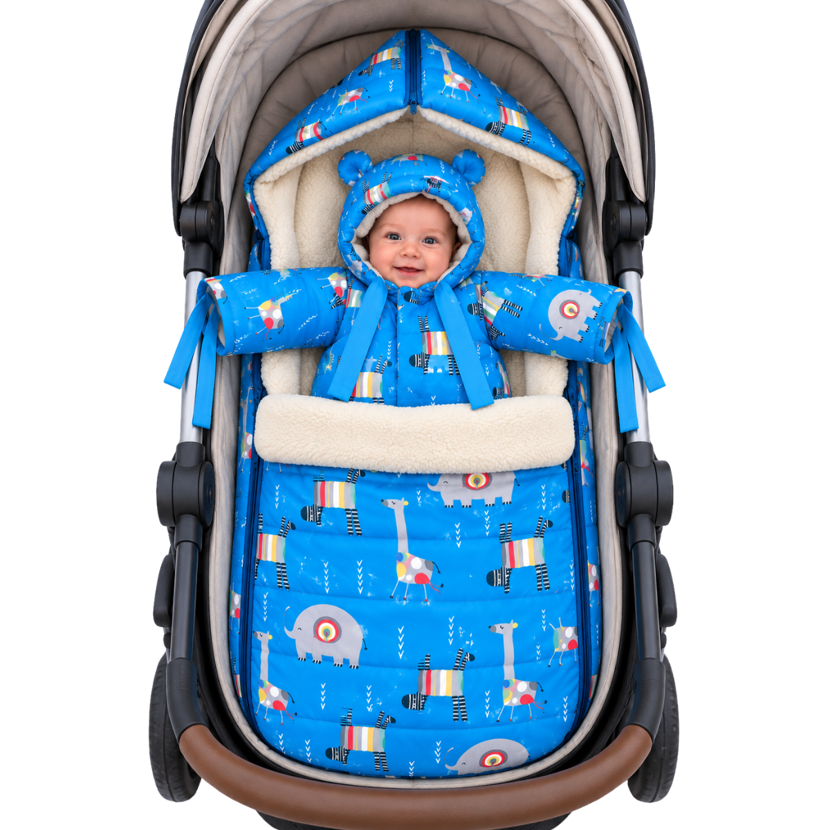 803 Warm Winter 2-Piece Set for Baby Boys | Safari Design Stroller Set: Sleeping Bag + Jumpsuit | Elephants, Zebras & Giraffes Print | Faux Fur & Fleece Lining | From +5°C to −30°C (41°F to −22°F)