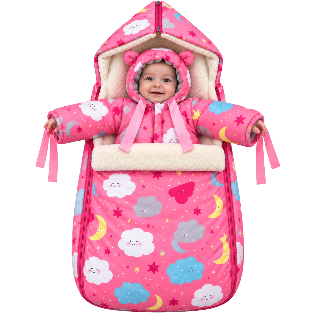 802 Warm Winter 2-Piece Set for Baby Girls | Stroller Set: Sleeping Bag + Jumpsuit | Dreamy Clouds & Moon Print | Faux Fur & Fleece Lining | From +5°C to −30°C (41°F to −22°F)