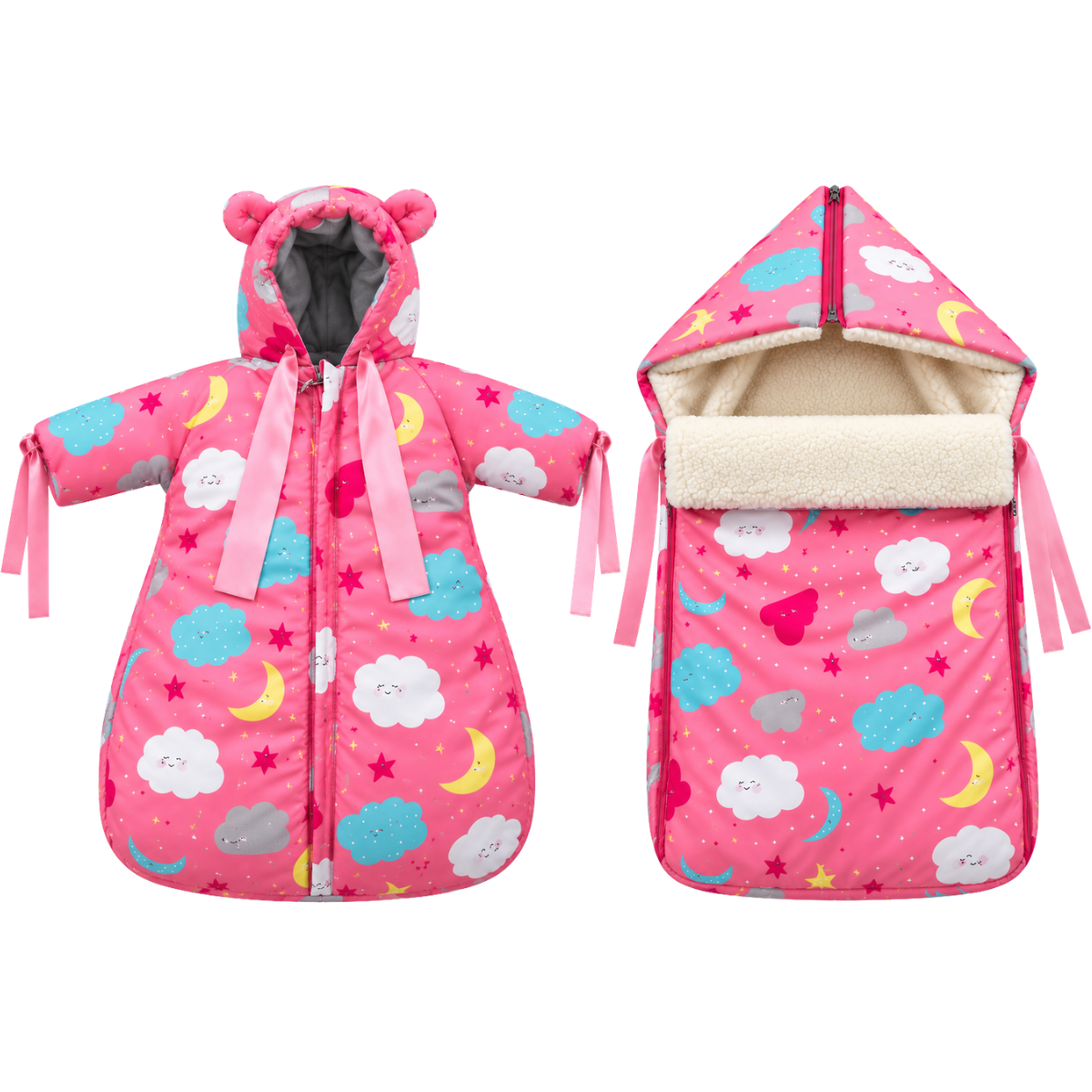 802 Warm Winter 2-Piece Set for Baby Girls | Stroller Set: Sleeping Bag + Jumpsuit | Dreamy Clouds & Moon Print | Faux Fur & Fleece Lining | From +5°C to −30°C (41°F to −22°F)