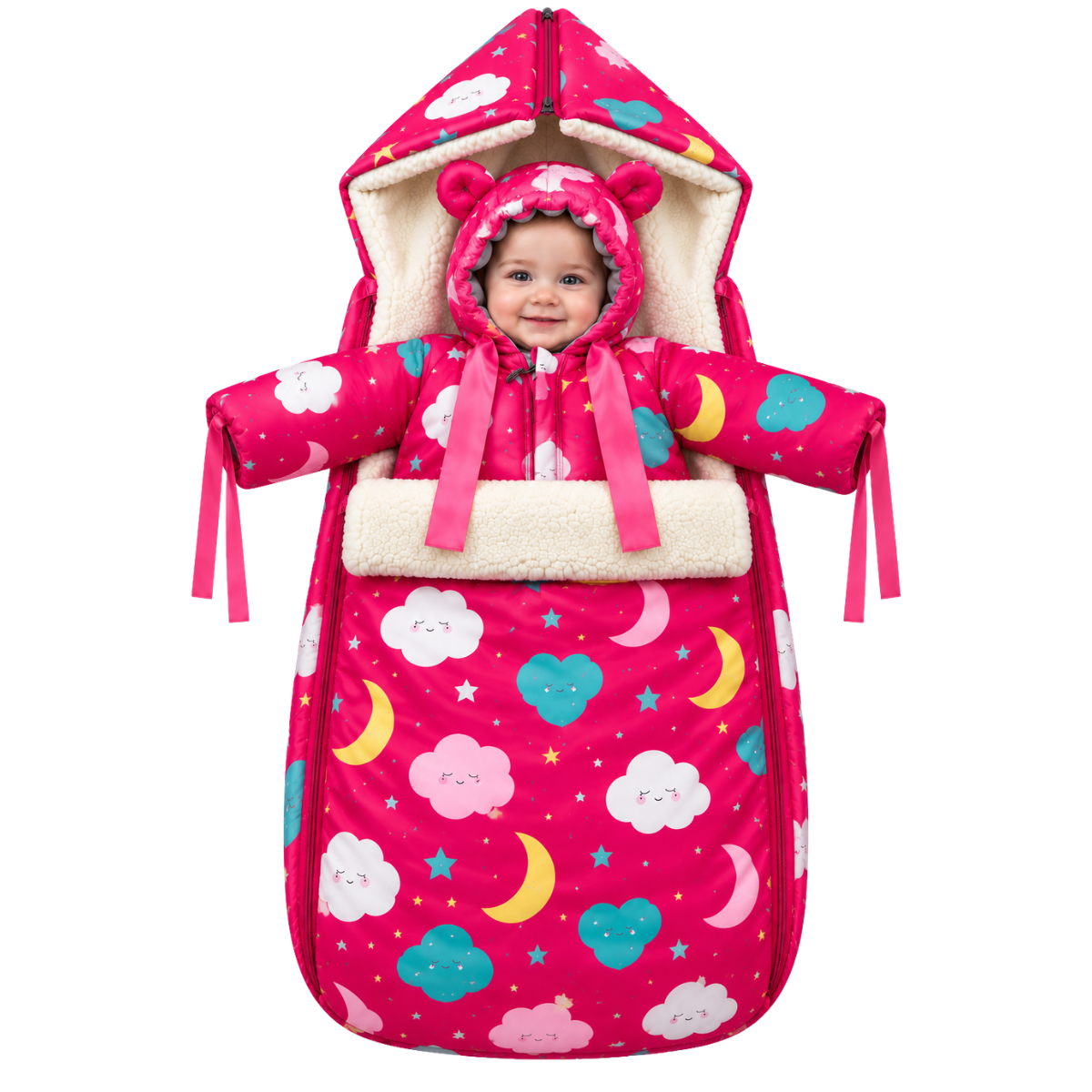 802 Warm Winter 2-Piece Set for Baby Girls | Stroller Set: Sleeping Bag + Jumpsuit | Dreamy Clouds & Moon Print | Faux Fur & Fleece Lining | From +5°C to −30°C (41°F to −22°F)
