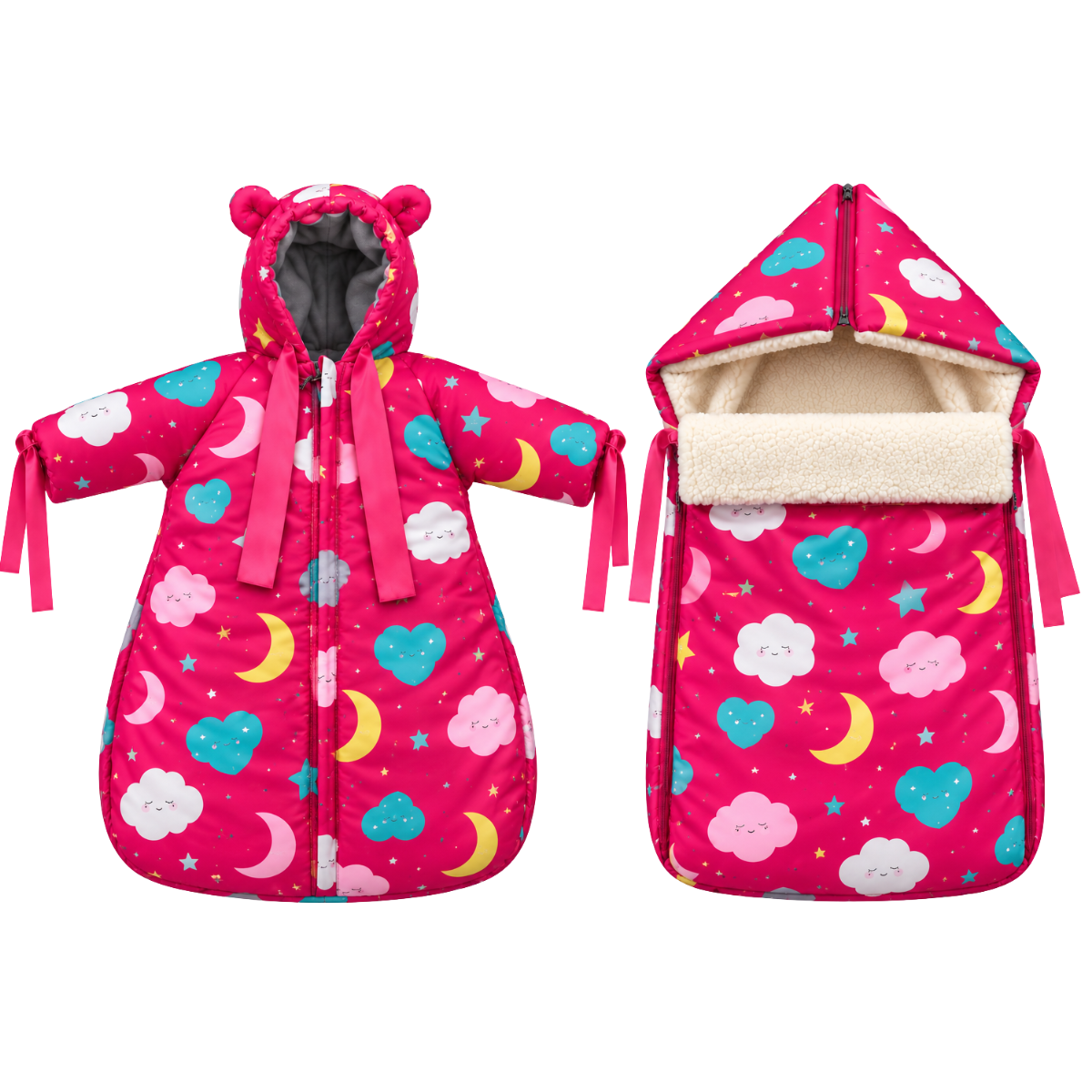 802 Warm Winter 2-Piece Set for Baby Girls | Stroller Set: Sleeping Bag + Jumpsuit | Dreamy Clouds & Moon Print | Faux Fur & Fleece Lining | From +5°C to −30°C (41°F to −22°F)