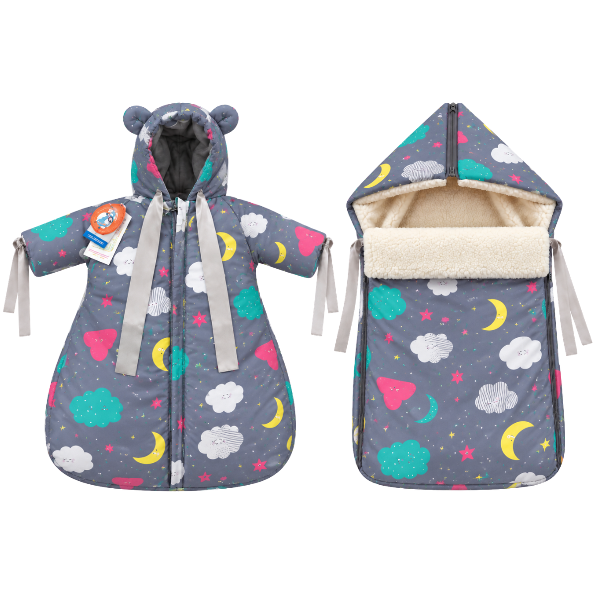 802 Warm Winter 2-Piece Set for Baby Girls | Stroller Set: Sleeping Bag + Jumpsuit | Dreamy Clouds & Moon Print | Faux Fur & Fleece Lining | From +5°C to −30°C (41°F to −22°F)
