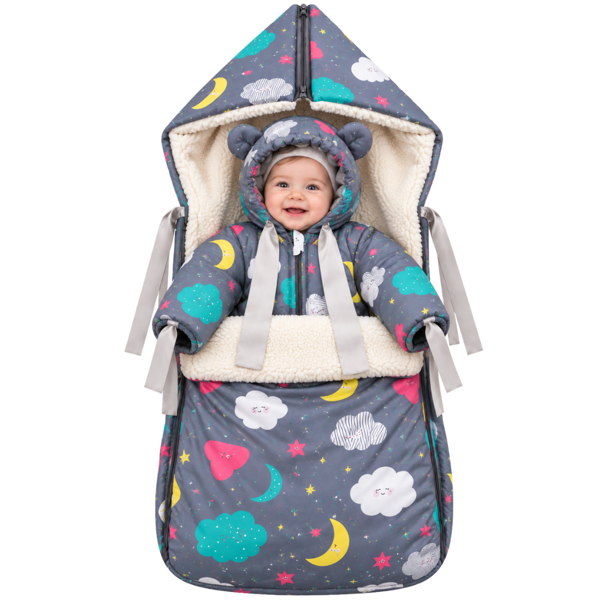 802 Warm Winter 2-Piece Set for Baby Girls | Stroller Set: Sleeping Bag + Jumpsuit | Dreamy Clouds & Moon Print | Faux Fur & Fleece Lining | From +5°C to −30°C (41°F to −22°F)
